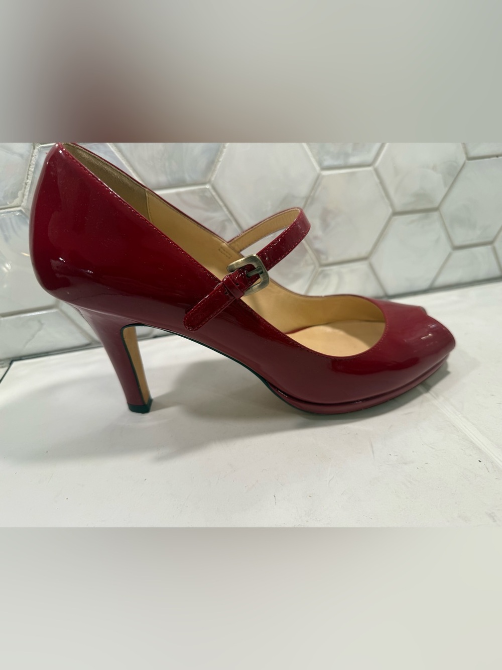 Cole Haan Red Patent Leather Peep Toe Ankle Strap Stiletto Sz 10B NikeAir Collab